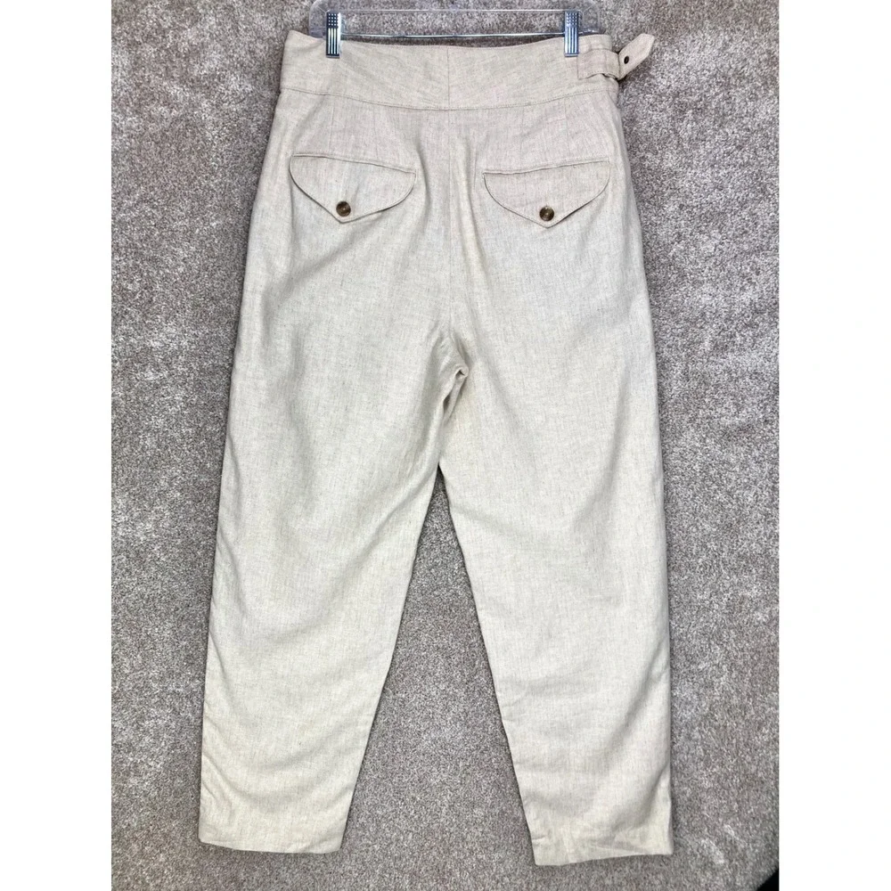 Banana Republic Linen Herringbone Pleated Pants Women 8 Beige Buckle Office Chic
